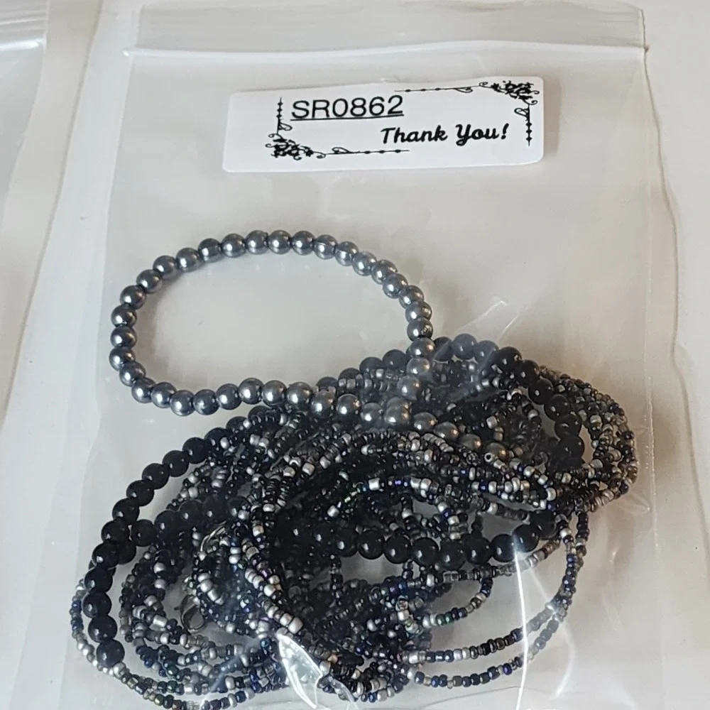 Multi Strand Black Seed Bead Necklace Gray Faux Pearl Boho Statement Layered